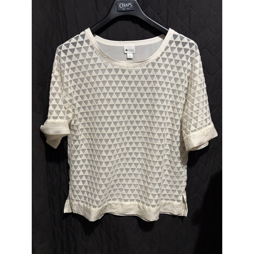 Stylus Sheer Geometric Mesh Embroidered Round Neck Short Sleeve Top White L